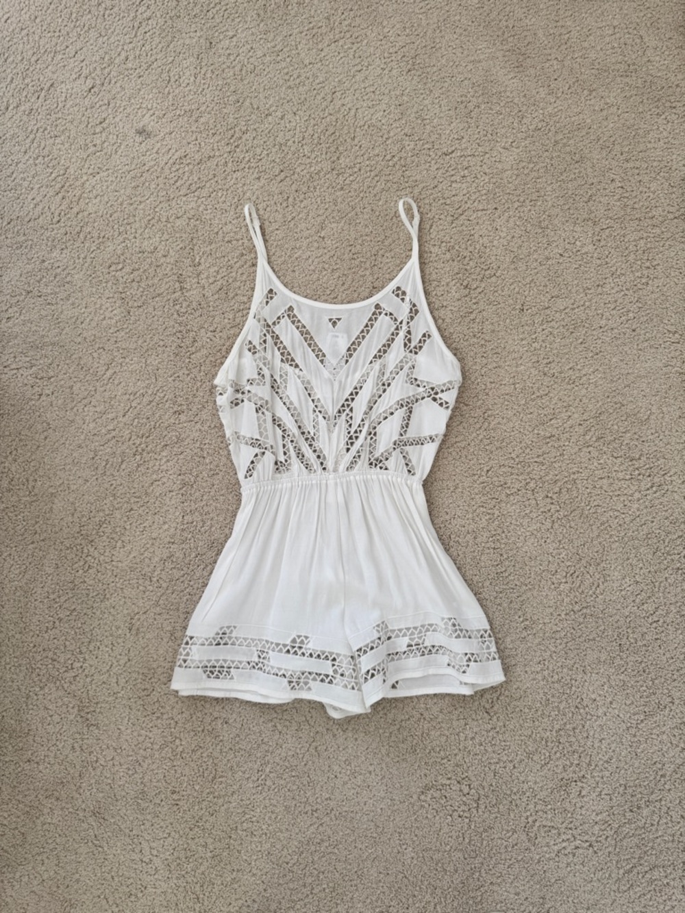LF Millau White Crochet Romper with Spaghetti Straps